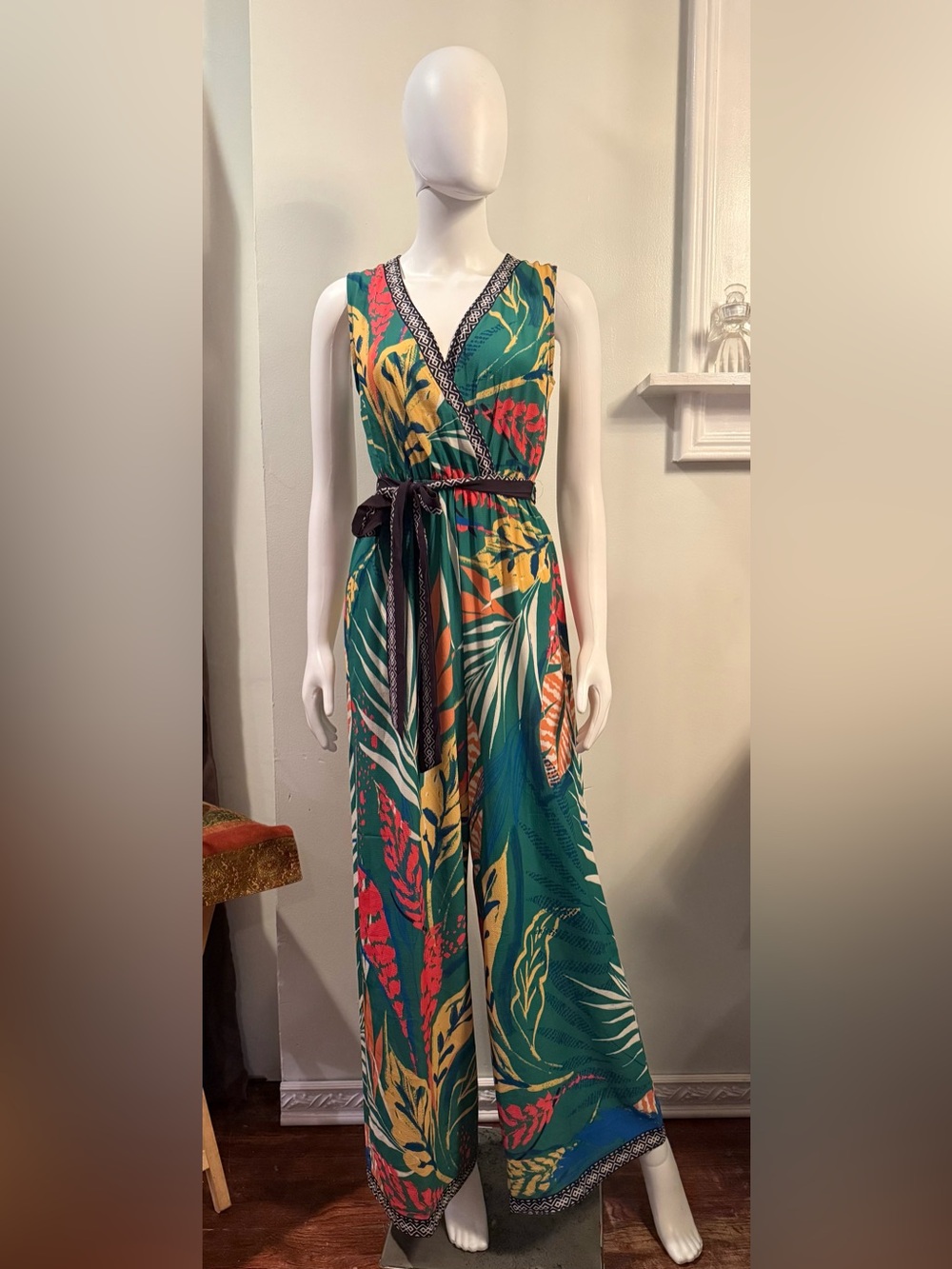 Flying Tomato Teal Tropical Print Sleeveless Wrap Jumpsuit with Belt